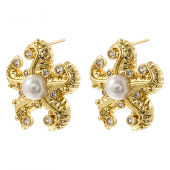 Immagine di 1 Pair Retro Ocean Jewelry 18K Gold Plated Brass Star Fish Imitation Pearl Ear Post Stud Earrings 28.5mm x 27mm