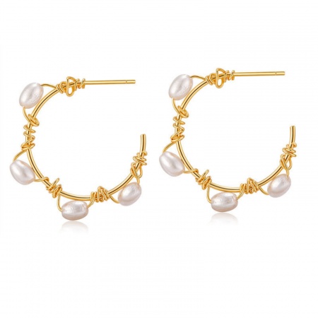 1 Pair Eco-friendly Ins Style 18K Real Gold Plated Brass C Shaped Imitation Pearl Hoop Earrings For Women 3.3cm