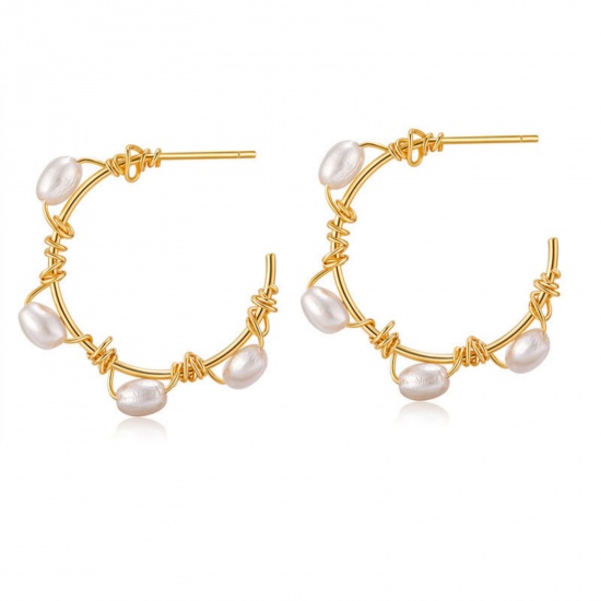 Immagine di 1 Pair Eco-friendly Ins Style 18K Real Gold Plated Brass C Shaped Imitation Pearl Hoop Earrings For Women 3.3cm