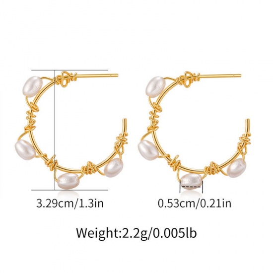 Immagine di 1 Pair Eco-friendly Ins Style 18K Real Gold Plated Brass C Shaped Imitation Pearl Hoop Earrings For Women 3.3cm