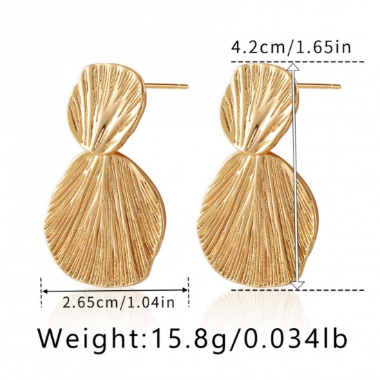 Imagen de 1 Pair Eco-friendly Stylish Ins Style 18K Real Gold Plated Brass Leaf Texture Ear Post Stud Earrings 4.2cm x 2.6cm