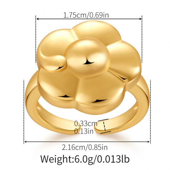 1 個 エコフレンドリー ファッション おしゃれ インスタイル ins風 18Kリアルゴールドメッキ 真鍮 オープン フラワー 3D リング 指輪 女性のため 21.6mm x 17.5mm、 の画像