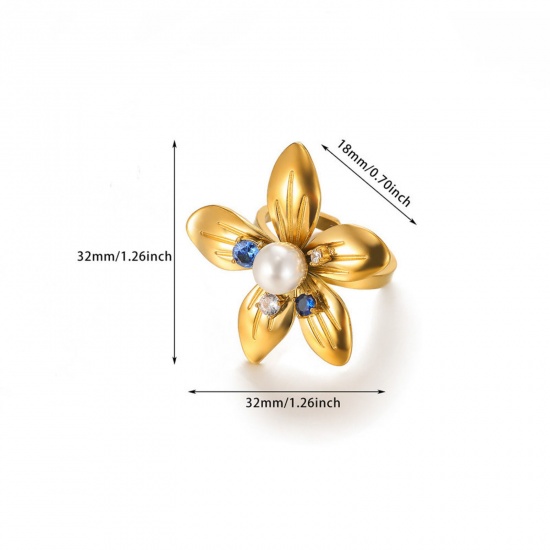 Imagen de 1 Unidad Recubrimiento al Vacío PVD Ecológico Elegante Exquisito Chapado en Oro de 18K 304 Acero Inoxidable Abierto Flor Anillos Para Mujeres 18mm (US Size 7.75)