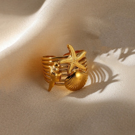 Picture of Wholesale Unisex Gift Starfish Shell Open Adjustable Rings, 18K Gold Plated 304 Stainless Steel, Eco-friendly PVD Vacuum Plating Ocean Jewelry Stylish Jewelry Supply, 17mm(US Size 6.5), 1 Piece