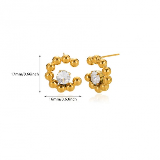 Picture of 1 Piece Eco-friendly PVD Vacuum Plating Stylish 18K Gold Plated Transparent Clear 304 Stainless Steel & Cubic Zirconia Heart Ear Post Stud Earrings For Women Valentine's Day 16mm x 17mm