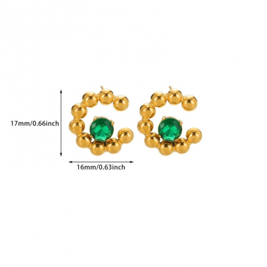 Picture of 1 Piece Eco-friendly PVD Vacuum Plating Stylish 18K Gold Plated Green 304 Stainless Steel & Cubic Zirconia Heart Ear Post Stud Earrings For Women Valentine's Day 16mm x 17mm