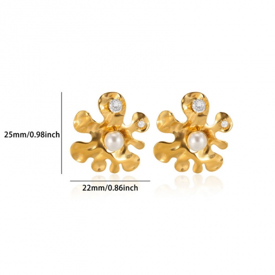 Picture of 1 Piece Eco-friendly PVD Vacuum Plating Stylish 18K Gold Plated Transparent Clear 304 Stainless Steel & Cubic Zirconia Flower Imitation Pearl Ear Post Stud Earrings For Women Valentine's Day 22mm x 25mm