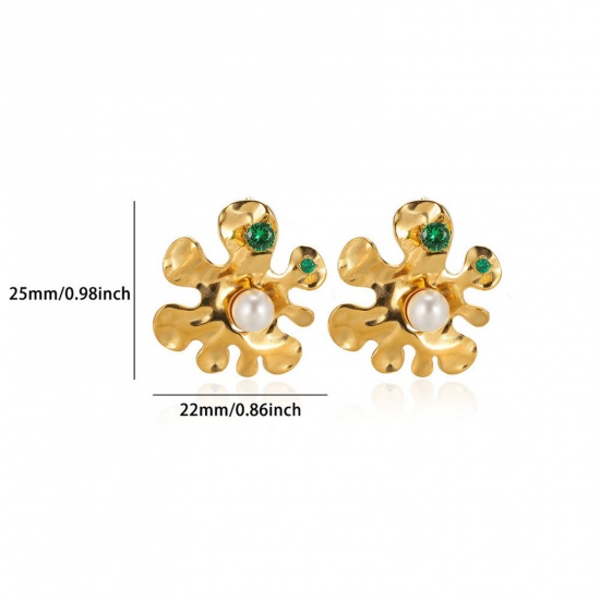 Picture of 1 Piece Eco-friendly PVD Vacuum Plating Stylish 18K Gold Plated Green 304 Stainless Steel & Cubic Zirconia Flower Imitation Pearl Ear Post Stud Earrings For Women Valentine's Day 22mm x 25mm