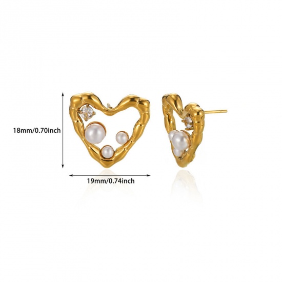 Picture of 1 Piece Eco-friendly PVD Vacuum Plating Stylish 18K Gold Plated Transparent Clear 304 Stainless Steel & Cubic Zirconia Heart Imitation Pearl Ear Post Stud Earrings For Women Valentine's Day 19mm x 18mm