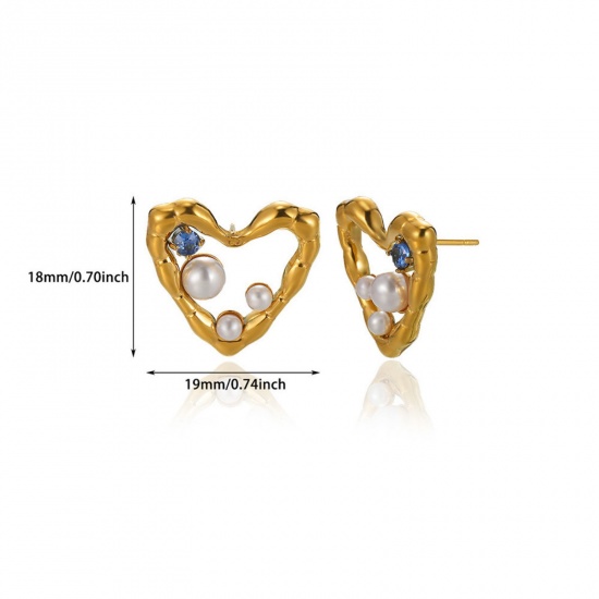 Picture of 1 Piece Eco-friendly PVD Vacuum Plating Stylish 18K Gold Plated Blue 304 Stainless Steel & Cubic Zirconia Heart Imitation Pearl Ear Post Stud Earrings For Women Valentine's Day 19mm x 18mm