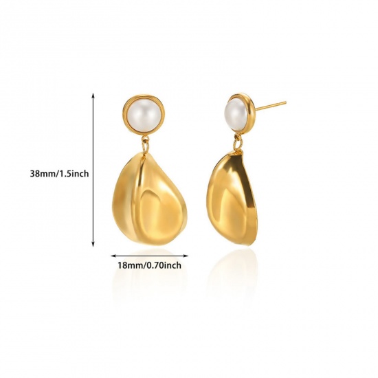 Picture of 1 Piece Eco-friendly PVD Vacuum Plating Stylish 18K Gold Plated 304 Stainless Steel & Natural Pearl Irregular Ear Post Stud Earrings For Women Valentine's Day 18mm x 38mm