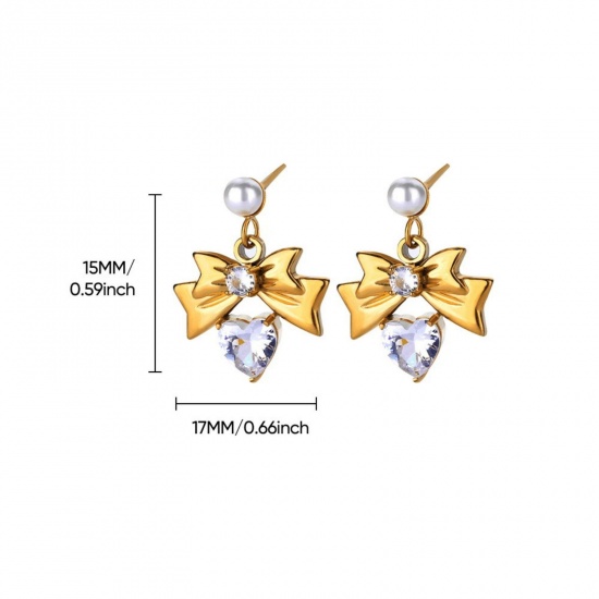 Изображение 1 Пара Экологичное вакуумное PVD-покрытие Стильный 18K позолоченный Прозрачный 304 Из Нержавеющей Стали Горный Хрусталь Банты Имитация жемчуга Серьги Шпильки Для женщин День Святого Валентина 15мм x 17мм