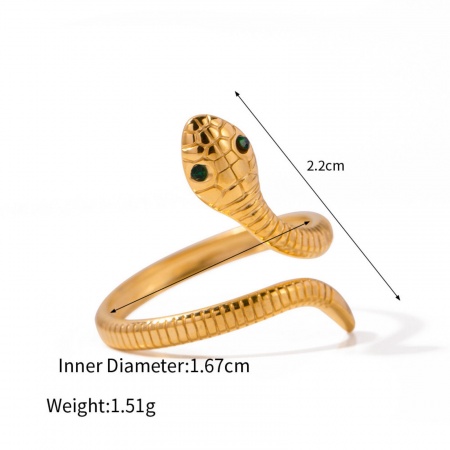 Picture of Wholesale Women's Gift Snake Animal Open Wrap Rings, 18K Real Gold Plated 304 Stainless Steel, Eco-friendly PVD Vacuum Plating Retro Jewelry Supply, 16.7mm(US Size 6.25), 1 Piece