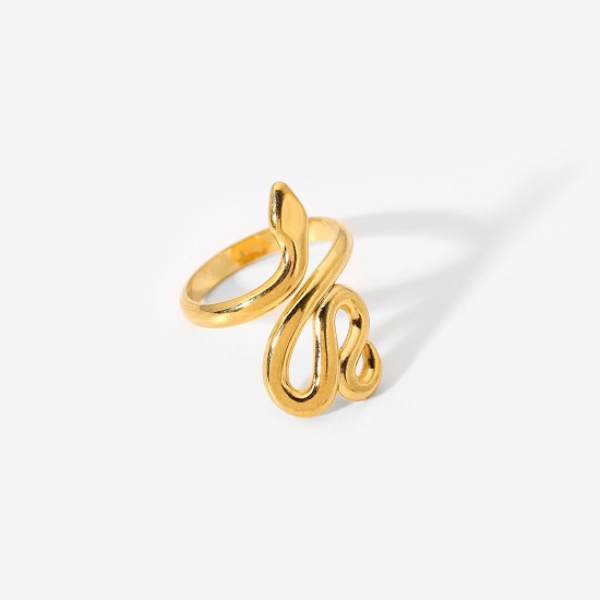 Picture of 1 Piece Eco-friendly PVD Vacuum Plating Retro 18K Real Gold Plated 304 Stainless Steel Open Snake Animal Wrap Rings Unisex Party 18mm(US Size 7.75)