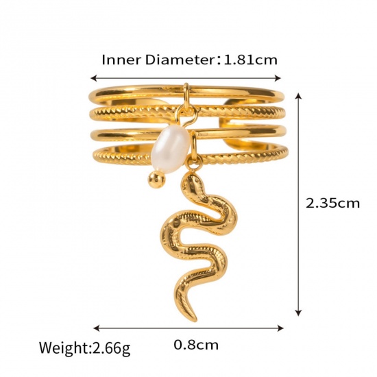 Picture of 1 Piece Eco-friendly PVD Vacuum Plating Retro 18K Real Gold Plated 304 Stainless Steel Open Snake Animal Wrap Rings Unisex Party 18.1mm(US Size 8)