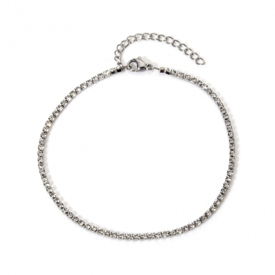 Immagine di 1 Pz Ecologico Elegante Semplice Tono Argento 304 Acciaio Inossidabile & Strass Catena della tazza Braccialetti Per Donne Festa 17cm Lunghezza