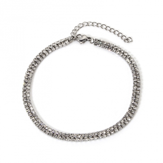 Immagine di 1 Pz Ecologico Elegante Semplice Tono Argento 304 Acciaio Inossidabile & Strass Catena della tazza Bracciale Multistrato a Strati Per Donne Festa 17cm Lunghezza