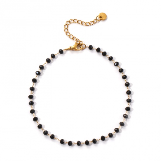 Immagine di 1 Pz Placcatura Sottovuoto Ecologica Elegante Placcato Oro 18K Nero 304 Acciaio Inossidabile & Vetro Catena di Perline Cavigliere Per Donne Regalo 22cm Lunghezza