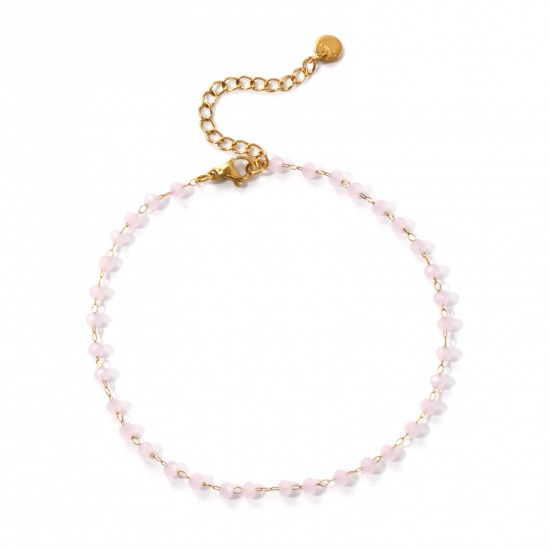Immagine di 1 Pz Placcatura Sottovuoto Ecologica Elegante Placcato Oro 18K Rosa 304 Acciaio Inossidabile & Vetro Catena di Perline Cavigliere Per Donne Regalo 22cm Lunghezza