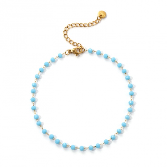 Immagine di 1 Pz Placcatura Sottovuoto Ecologica Elegante Placcato Oro 18K Blu 304 Acciaio Inossidabile & Vetro Catena di Perline Cavigliere Per Donne Regalo 22cm Lunghezza