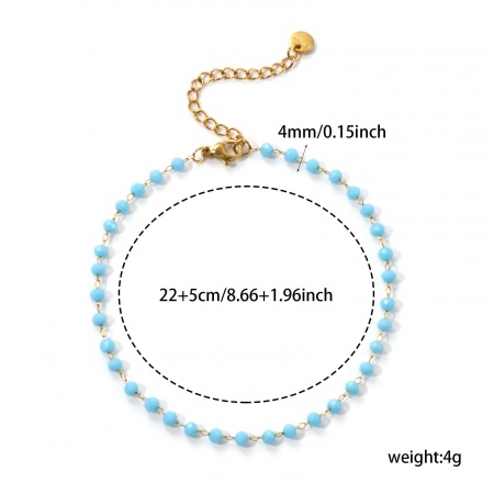 Immagine di Blu 304 Acciaio Inossidabile & Vetro Catena di Perline Cavigliere All'Ingrosso, Placcato Oro 18K Placcatura Sottovuoto Ecologica, Donne Elegante Regalo Fornitura di Gioielli, 22cm Lunghezza, 1 Pz
