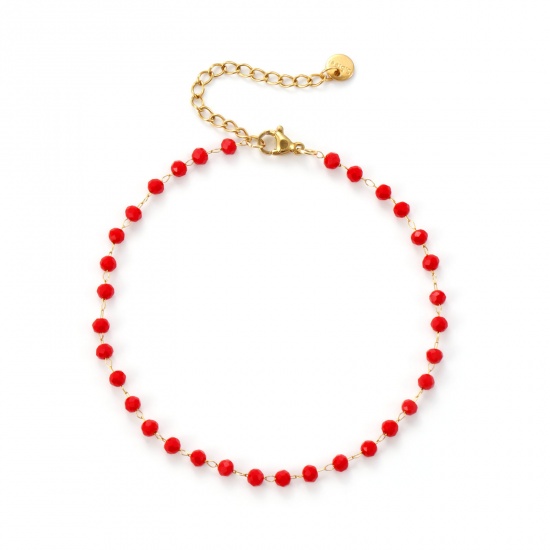 Immagine di 1 Pz Placcatura Sottovuoto Ecologica Elegante Placcato Oro 18K Rosso 304 Acciaio Inossidabile & Vetro Catena di Perline Cavigliere Per Donne Regalo 22cm Lunghezza