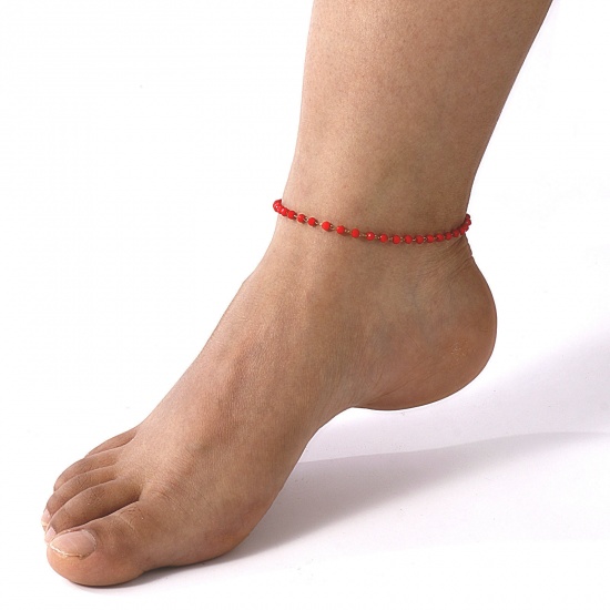 Immagine di 1 Pz Placcatura Sottovuoto Ecologica Elegante Placcato Oro 18K Rosso 304 Acciaio Inossidabile & Vetro Catena di Perline Cavigliere Per Donne Regalo 22cm Lunghezza