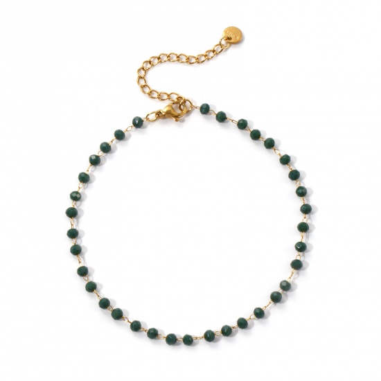 Immagine di 1 Pz Placcatura Sottovuoto Ecologica Elegante Placcato Oro 18K Verde Scuro 304 Acciaio Inossidabile & Vetro Catena di Perline Cavigliere Per Donne Regalo 22cm Lunghezza