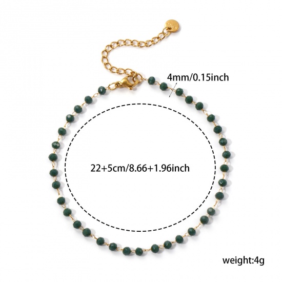 Immagine di 1 Pz Placcatura Sottovuoto Ecologica Elegante Placcato Oro 18K Verde Scuro 304 Acciaio Inossidabile & Vetro Catena di Perline Cavigliere Per Donne Regalo 22cm Lunghezza