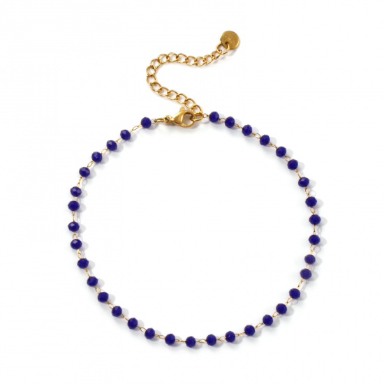 Immagine di 1 Pz Placcatura Sottovuoto Ecologica Elegante Placcato Oro 18K Blu Scuro 304 Acciaio Inossidabile & Vetro Catena di Perline Cavigliere Per Donne Regalo 22cm Lunghezza