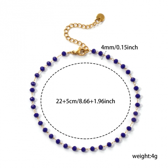 Immagine di 1 Pz Placcatura Sottovuoto Ecologica Elegante Placcato Oro 18K Blu Scuro 304 Acciaio Inossidabile & Vetro Catena di Perline Cavigliere Per Donne Regalo 22cm Lunghezza
