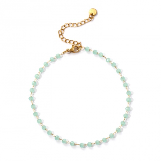 Immagine di 1 Pz Placcatura Sottovuoto Ecologica Elegante Placcato Oro 18K Menta Verde 304 Acciaio Inossidabile & Vetro Catena di Perline Cavigliere Per Donne Regalo 22cm Lunghezza
