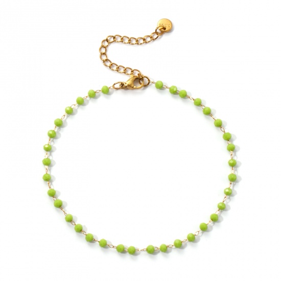 Immagine di 1 Pz Placcatura Sottovuoto Ecologica Elegante Placcato Oro 18K Erba Verde 304 Acciaio Inossidabile & Vetro Catena di Perline Cavigliere Per Donne Regalo 22cm Lunghezza