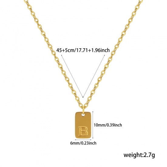 Picture of 1 Piece Eco-friendly Vacuum Plating Exquisite Simple 18K Gold Plated 304 Stainless Steel Link Cable Chain Rectangle Capital Alphabet Initial Letter Message " B " Pendant Charm Necklace Unisex Gift 45cm(17.7") + 5cm(2") long