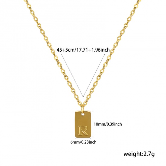 Picture of 1 Piece Eco-friendly Vacuum Plating Exquisite Simple 18K Gold Plated 304 Stainless Steel Link Cable Chain Rectangle Capital Alphabet Initial Letter Message " R " Pendant Charm Necklace Unisex Gift 45cm(17.7") + 5cm(2") long