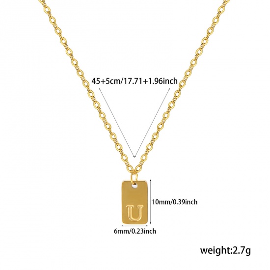 Picture of 1 Piece Eco-friendly Vacuum Plating Exquisite Simple 18K Gold Plated 304 Stainless Steel Link Cable Chain Rectangle Capital Alphabet Initial Letter Message " U " Pendant Charm Necklace Unisex Gift 45cm(17.7") + 5cm(2") long