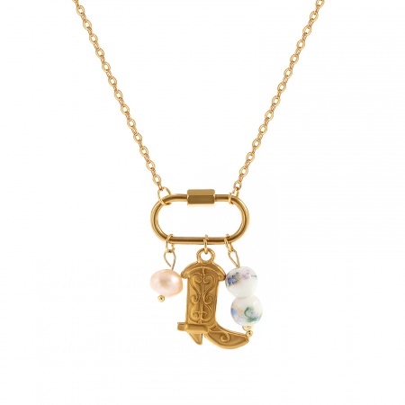 1 Piece Eco-friendly PVD Vacuum Plating Exquisite West Cowboy Gold Plated Peachy Beige 304 Stainless Steel & Natural Pearl Link Cable Chain Boots Pendant Charm Necklace For Women Gift 48cm(18.9") + 5cm(2") long