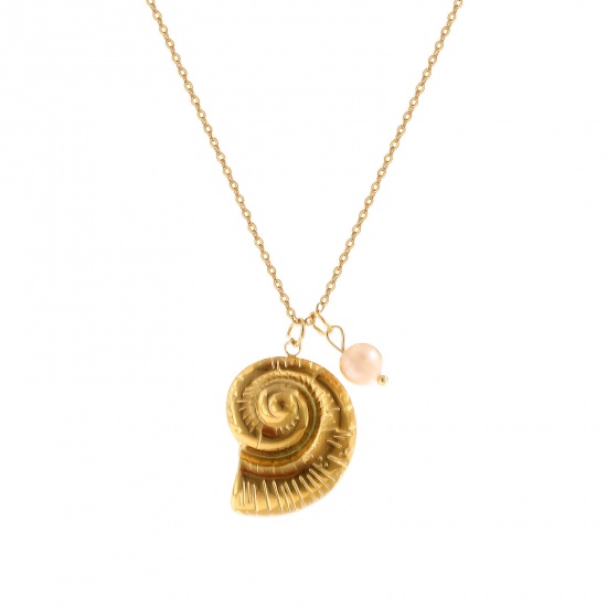 Picture of 1 Piece Eco-friendly PVD Vacuum Plating Baroque Ocean Jewelry 18K Real Gold Plated 304 Stainless Steel & Natural Pearl Link Cable Chain Conch/ Sea Snail Pendant Charm Necklace For Women Gift 45cm(17.7") + 5cm(2") long