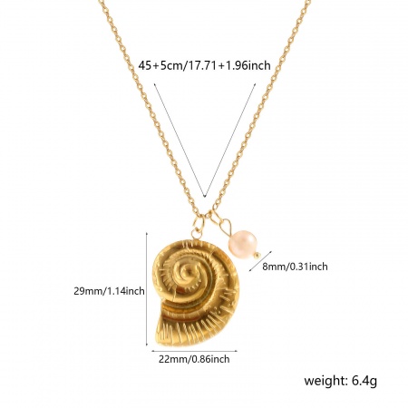 Picture of Wholesale Conch/ Sea Snail Pendant Charm Necklace, 18K Real Gold Plated 304 Stainless Steel & Natural Pearl Link Cable Chain, Women's Eco-friendly PVD Vacuum Plating Waterproof Anti-Tarnish Hypoallergenic Ocean Jewelry Baroque Gift Jewelry For Retailer, 45cm(17.7") + 5cm(2") long, 1 Piece