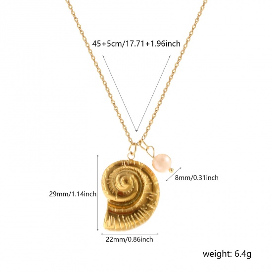 Picture of 1 Piece Eco-friendly PVD Vacuum Plating Baroque Ocean Jewelry 18K Real Gold Plated 304 Stainless Steel & Natural Pearl Link Cable Chain Conch/ Sea Snail Pendant Charm Necklace For Women Gift 45cm(17.7") + 5cm(2") long