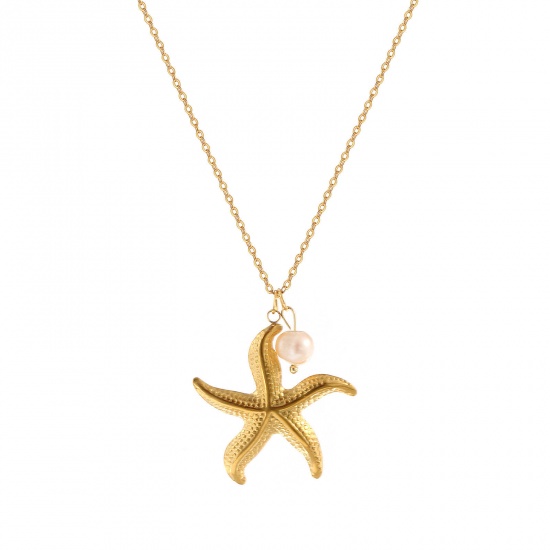 Picture of 1 Piece Eco-friendly PVD Vacuum Plating Baroque Ocean Jewelry 18K Real Gold Plated 304 Stainless Steel & Natural Pearl Link Cable Chain Star Fish Pendant Charm Necklace For Women Gift 45cm(17.7") + 5cm(2") long