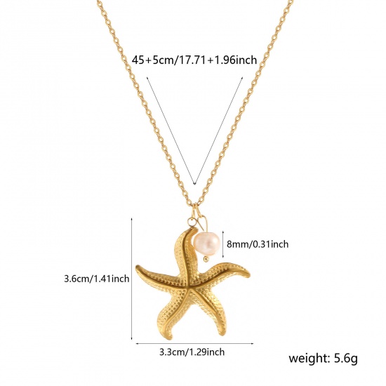 Picture of 1 Piece Eco-friendly PVD Vacuum Plating Baroque Ocean Jewelry 18K Real Gold Plated 304 Stainless Steel & Natural Pearl Link Cable Chain Star Fish Pendant Charm Necklace For Women Gift 45cm(17.7") + 5cm(2") long