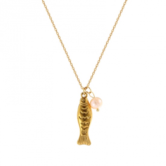 Picture of 1 Piece Eco-friendly PVD Vacuum Plating Baroque Ocean Jewelry 18K Real Gold Plated 304 Stainless Steel & Natural Pearl Link Cable Chain Goldfish Pendant Charm Necklace For Women Gift 45cm(17.7") + 5cm(2") long