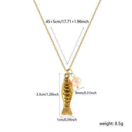 Picture of Wholesale Goldfish Pendant Charm Necklace, 18K Real Gold Plated 304 Stainless Steel & Natural Pearl Link Cable Chain, Women's Eco-friendly PVD Vacuum Plating Waterproof Anti-Tarnish Hypoallergenic Ocean Jewelry Baroque Gift Jewelry For Retailer, 45cm(17.7") + 5cm(2") long, 1 Piece