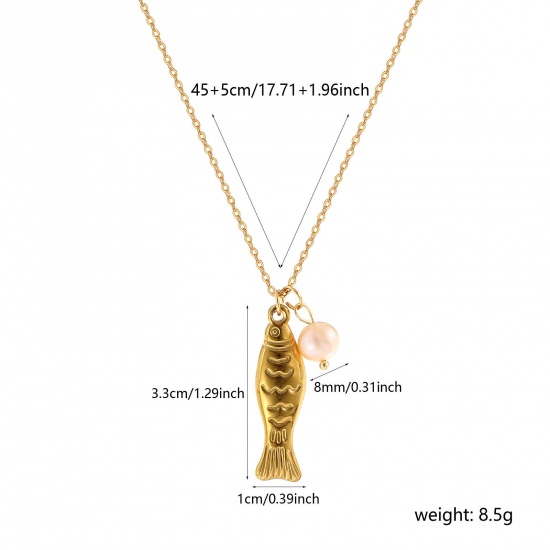 Picture of 1 Piece Eco-friendly PVD Vacuum Plating Baroque Ocean Jewelry 18K Real Gold Plated 304 Stainless Steel & Natural Pearl Link Cable Chain Goldfish Pendant Charm Necklace For Women Gift 45cm(17.7") + 5cm(2") long