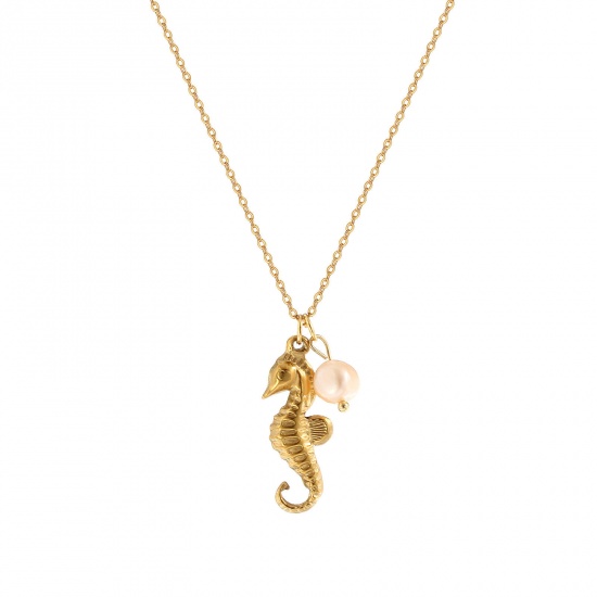 Picture of 1 Piece Eco-friendly PVD Vacuum Plating Baroque Ocean Jewelry 18K Real Gold Plated 304 Stainless Steel & Natural Pearl Link Cable Chain Seahorse Animal Pendant Charm Necklace For Women Gift 45cm(17.7") + 5cm(2") long