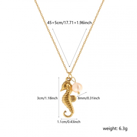 Image de Collier à Breloques En Gros Plaqué Or Véritable 18K en 304 Acier Inoxydable & Perle Naturelle, Cheval de Mer Chaîne Maille Forçat, aux Femmes Placage Sous Vide PVD Écologique Imperméable Anti-ternissement Hypoallergénique Bijoux d'Océan Baroque Cadeau Bijoux pour Détaillants 45cm + 5cm long, 1 Pièce