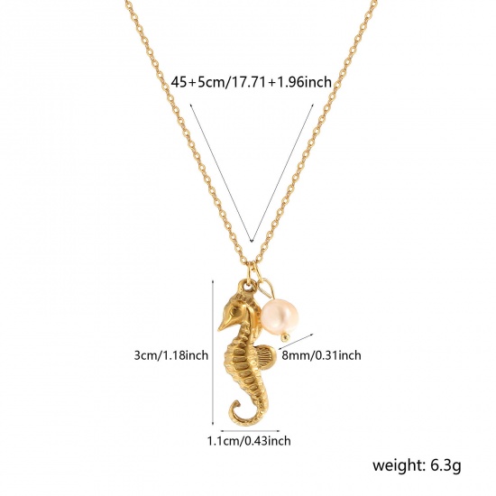 Picture of 1 Piece Eco-friendly PVD Vacuum Plating Baroque Ocean Jewelry 18K Real Gold Plated 304 Stainless Steel & Natural Pearl Link Cable Chain Seahorse Animal Pendant Charm Necklace For Women Gift 45cm(17.7") + 5cm(2") long