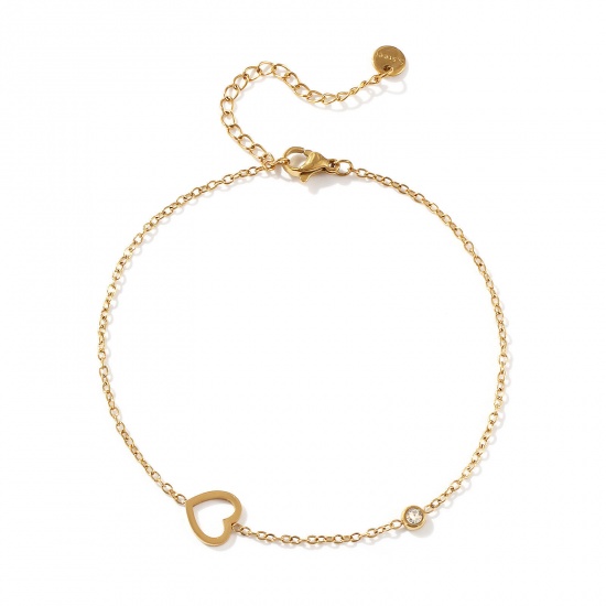 Picture of 1 Piece Eco-friendly Vacuum Plating Exquisite Stylish 18K Gold Plated Transparent Clear 304 Stainless Steel & Cubic Zirconia Link Cable Chain Heart Anklet For Women Gift 22cm(8.7") long