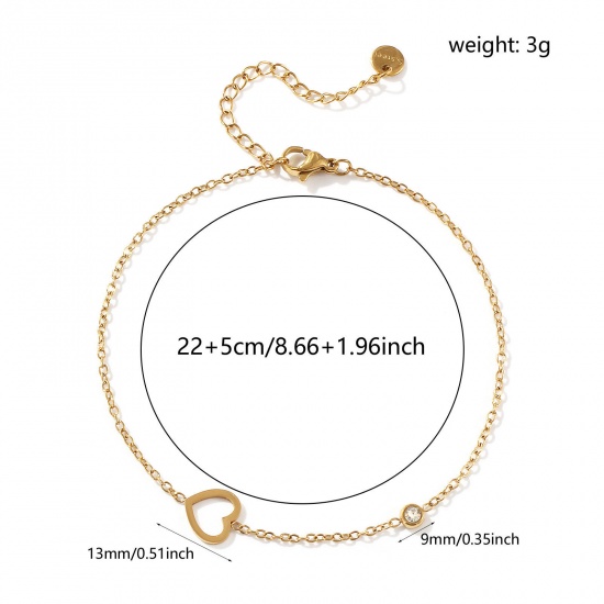 Picture of 1 Piece Eco-friendly Vacuum Plating Exquisite Stylish 18K Gold Plated Transparent Clear 304 Stainless Steel & Cubic Zirconia Link Cable Chain Heart Anklet For Women Gift 22cm(8.7") long